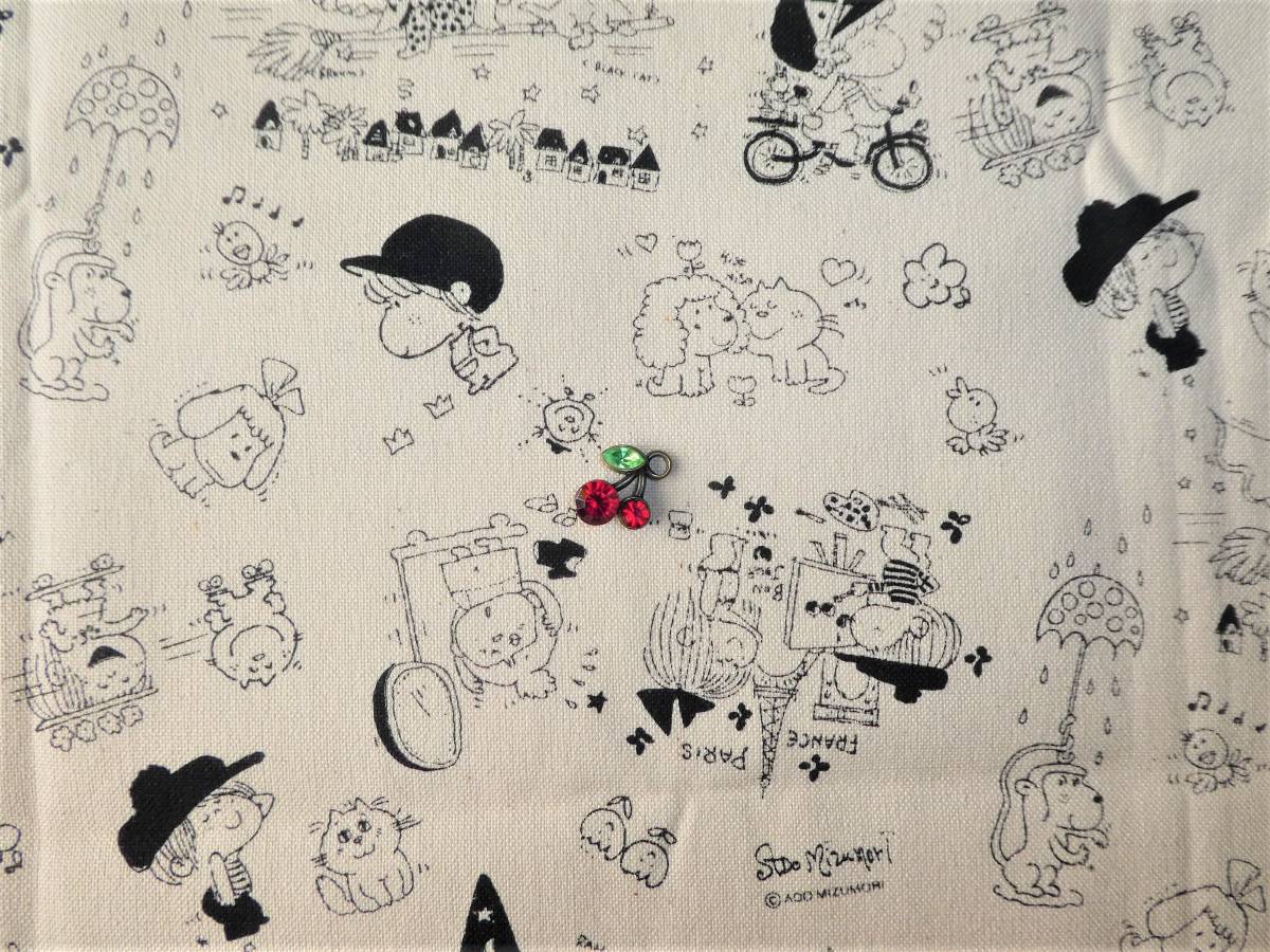 即決★水森亜土帆布生地生成りブラック★レトロ昭和女の子アニマル宇山内藤拍卖