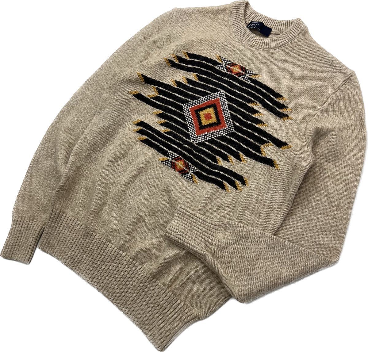 GAP ☆ ネイティブ柄 ジオメトリック ニット クルーネック セーター ベージュ XS メンズ 大人カジュアル アメカジ 古着 ギャップ■EE237拍卖