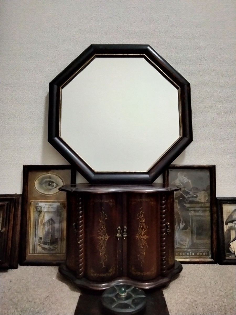八角ミラー ウォールミラー 壁掛け鏡 八角 ヴィンテージ 鏡 店舗什器 ミラー ビンテージ調 木製 額 アンティーク 拍卖