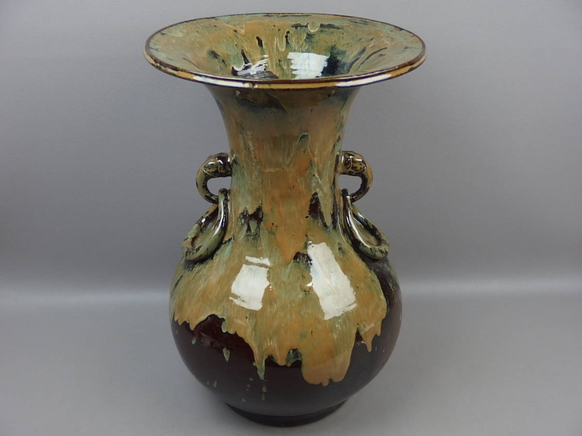 【骨董・茶道具】★中国古玩?薩摩焼?唐津焼?★★双耳不遊環大花瓶 高さ約50.0cm el054tb.8 天目釉 海鼠釉拍卖