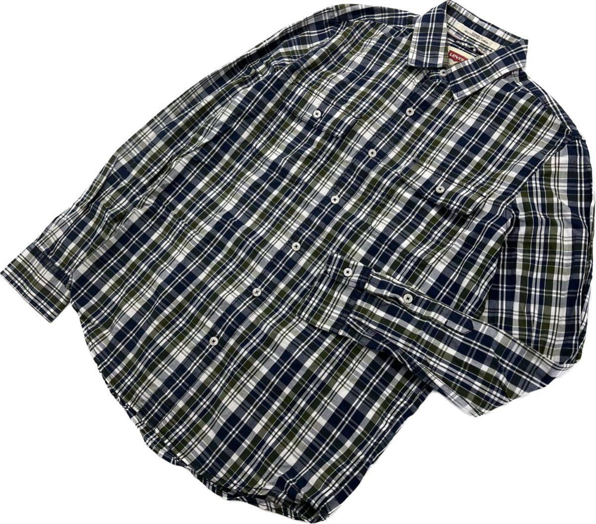 LEVIS ☆ 癖のないデザイン柄◎ チェック シャツ 長袖 ネイビー グリーン S アメカジ 大人カジュアル ストリート 古着 リーバイス■AL203拍卖