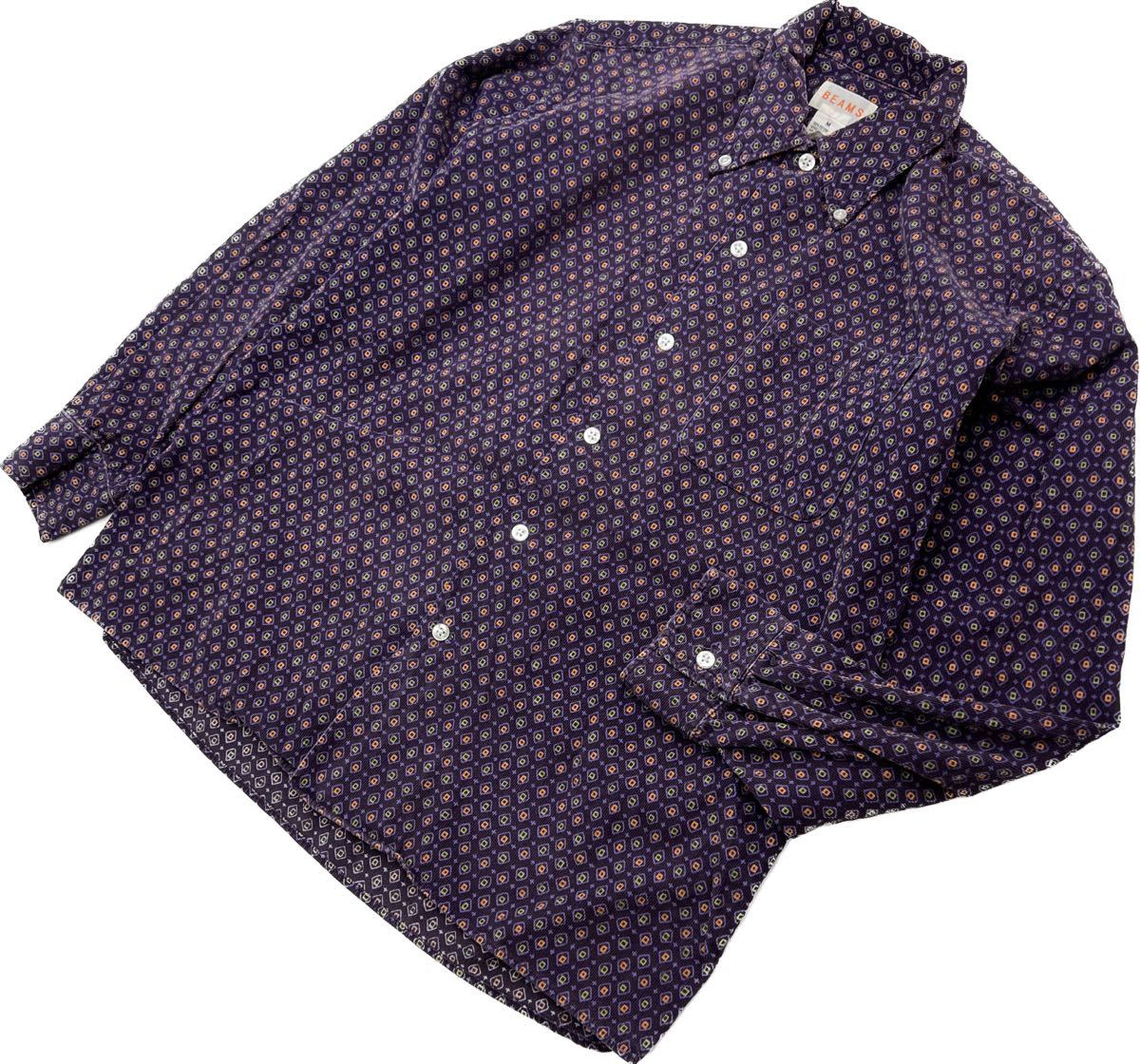 BEAMS ☆ 小紋柄 伝統 デザイン シャツコール 長袖 ボタンダウン シャツ パープル M アメカジ ストリート 大人カジュアル ビームス■S2243拍卖