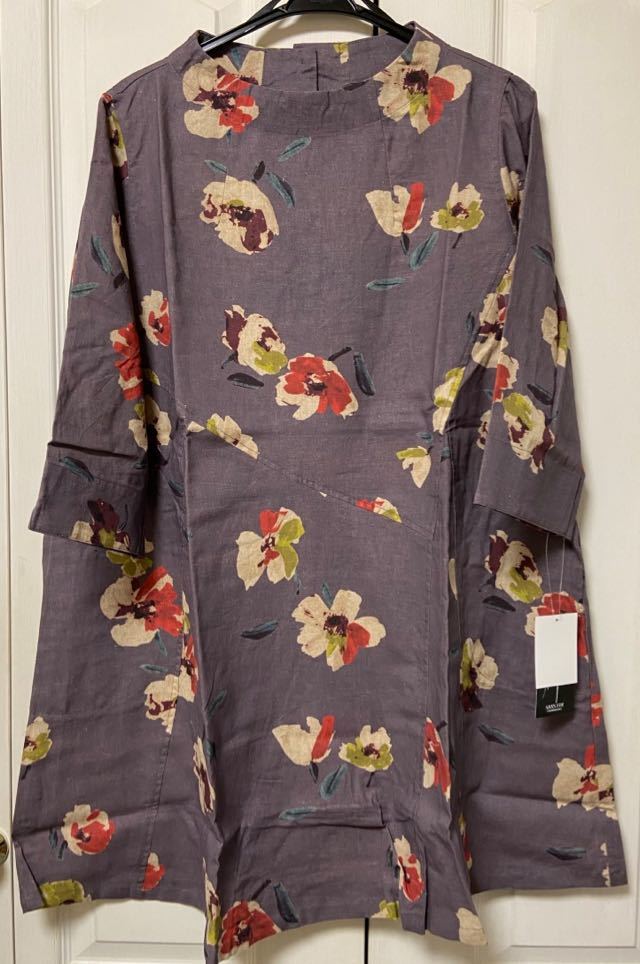 ◆新品 べルーナ BELLUNA  麻混プリント ボトルネックチュニック グレー系 Mサイズ拍卖