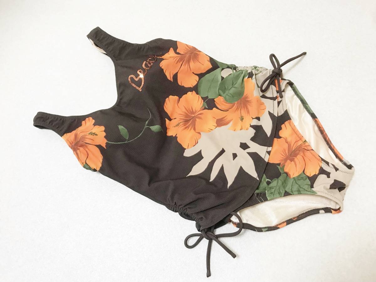 ●水着 11L●アルジャン◆つるさら総裏地補正・タンキニ風・ワンピース水着:ブラウン・スパンコール文字飾り拍卖