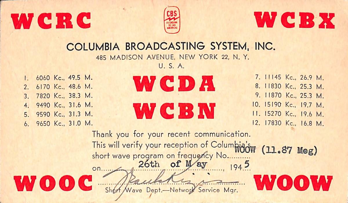 BCL★希少ベリカード★アメリカ・CBS★WOOW放送+おまけ★SONY★ソニー★FMトランスミッタ★TMR-1カラーサービスガイド付拍卖