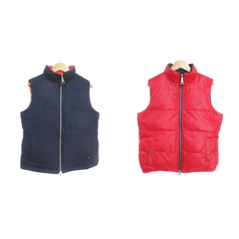 トミーヒルフィガー ジャケット ダウンベスト リバーシブル ミドル丈 スタンドカラー ダブルジップ ロゴ刺? ウール M 紺 赤 /FF1 メンズ拍卖