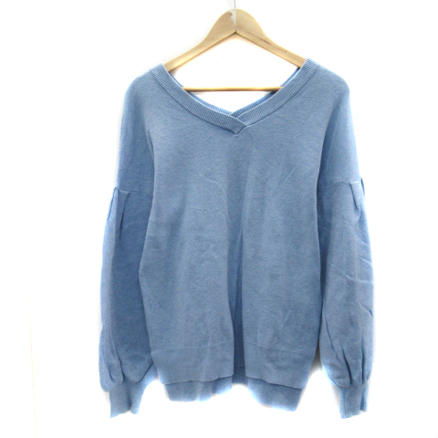 ローリーズファーム LOWRYS FARM ニット カットソー 長袖 バルーンスリーブ Vネック 無地 F 水色 ライトブルー /YS20 レディース拍卖
