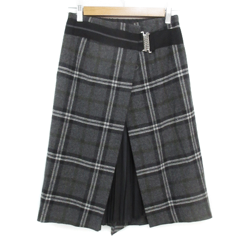 ギャバジンケーティー フレアスカート ミモレ丈 切替 プリーツ チェック柄 マルチカラー 9 チャコールグレー 黒 ブラック /FF42 レディース拍卖