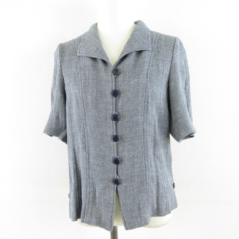 レリアン Leilian ジャケット 半袖 リネン混 薄手 紺 11 *A112 レディース拍卖