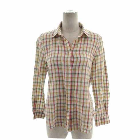 組曲 KUMIKYOKU シャツ スキッパーカラー 長袖 Klasikine TEKSTILE リトアニア製生地 リネン混 格子柄 白 紺 黄色 緑 ピンク 2拍卖