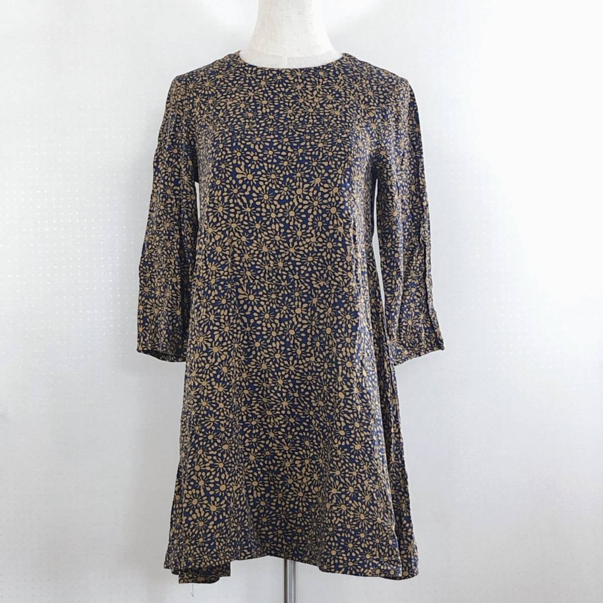 AS0625 H&M エイチ&エム レディース ワンピース 七分袖 膝上丈 薄手 サイズ36 Sサイズ イエロー 黄 ネイビー 紺 総柄 花柄 太陽 華やか 夏拍卖