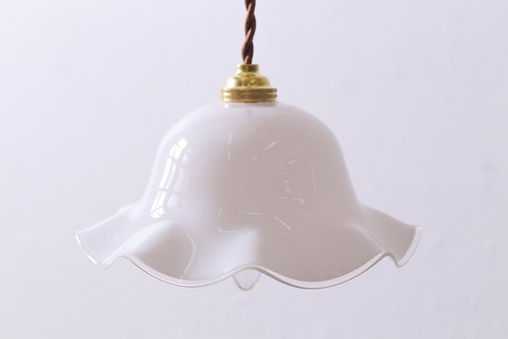 R-039919 ヴィンテージ照明 イギリスビンテージ 上品なフリルシェードのペンダントライト(ランプシェード、天井照明)(R-039919)拍卖