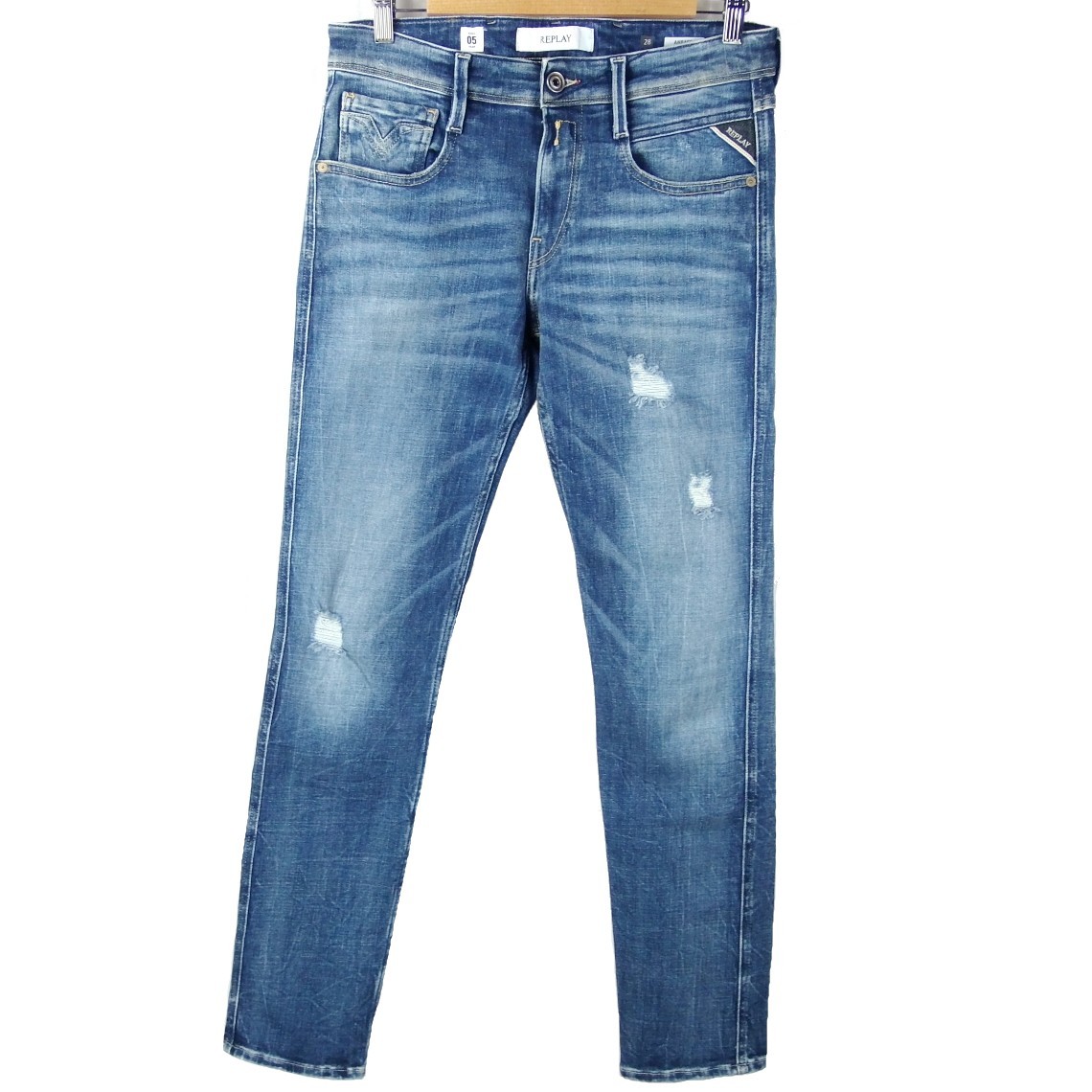 ■REPLAY リプレイ / ANBASS アンバス AGED 05 YEAR / メンズ / インディゴ ダメージ加工 ストレッチ スリムスキニー デニムパンツ W28 L32拍卖