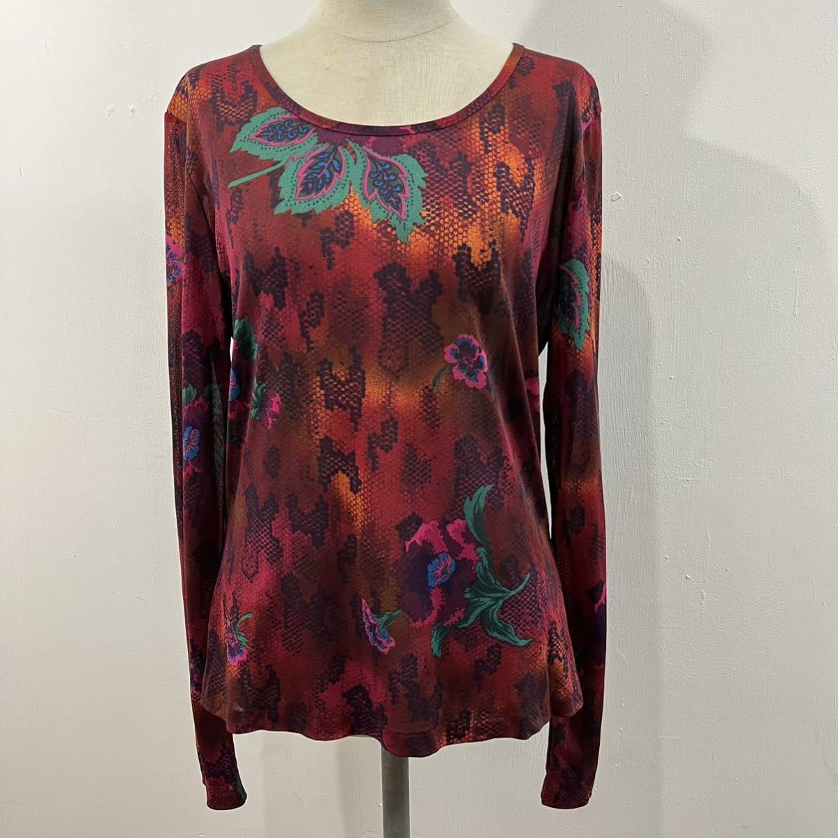 80s VINTAGE KENZO PARIS シアーカットソー シースルーカットソー 総柄 花柄 長袖Tシャツ 赤タグ ケンゾー【レターパックライト郵送可】G拍卖