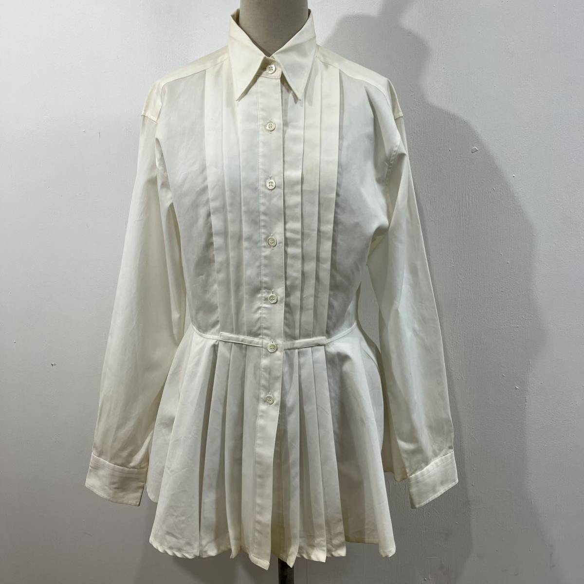 80s VINTAGE KENZO PARIS プリーツシャツ デザインシャツ 白シャツ 長袖 ブラウス ヴィンテージ ケンゾー【レターパックプラス郵送可】G拍卖
