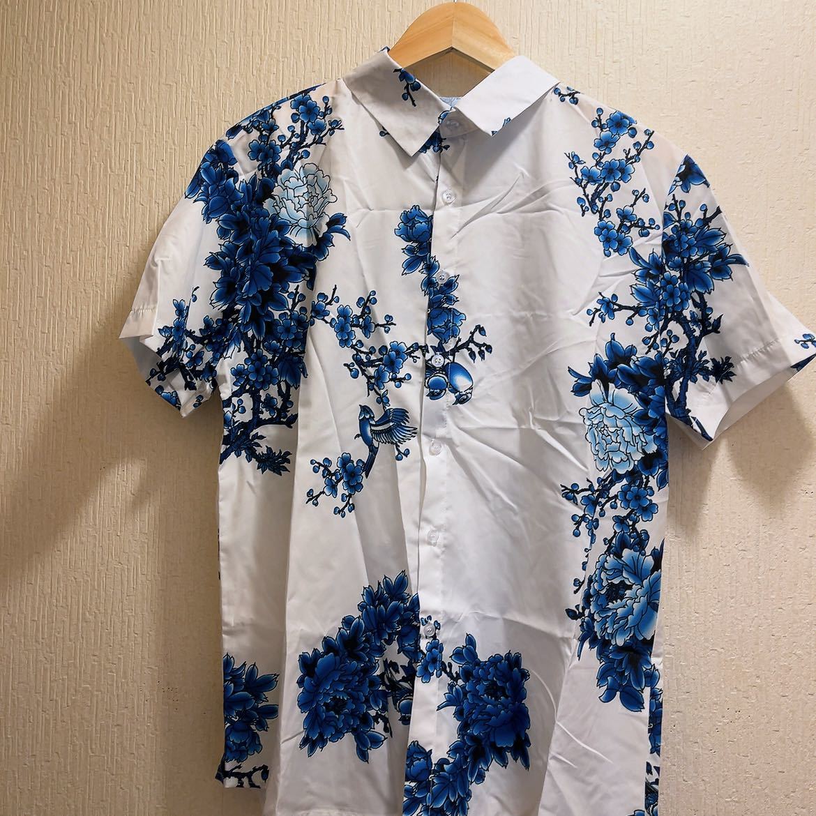 【商品名】新品★ホワイト★ブルー★花木&小鳥アロハシャツ和風★ユニセックス★L和柄 アロハシャツ拍卖