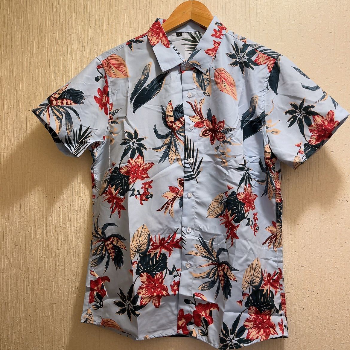 新品★水色★レッドハイビスカス柄★総柄★アロハシャツ★ブラウス★ユニセックス★Lアロハシャツ ハワイアンシャツ 拍卖