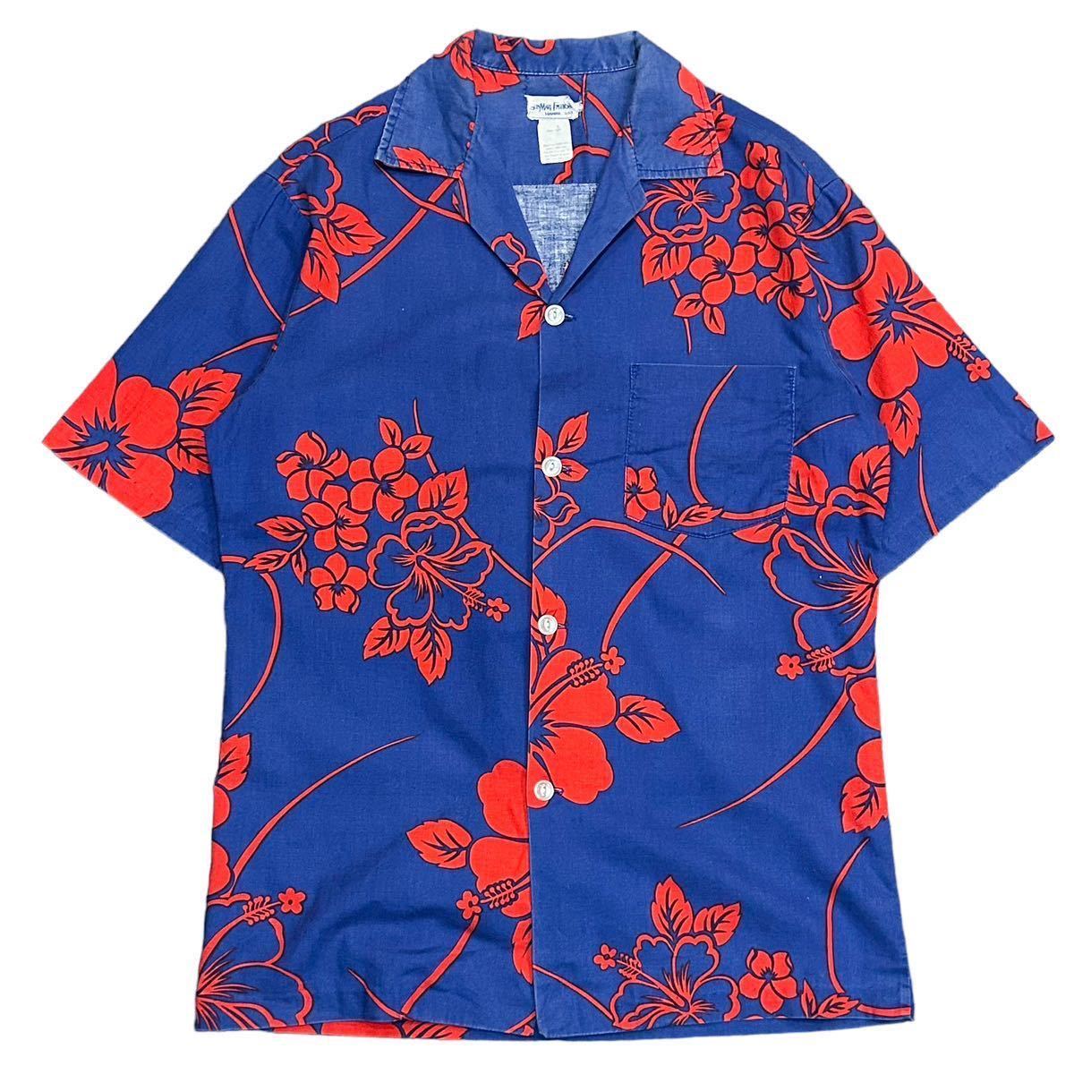60’s〜 SUNMARI FASHIONS アロハシャツ 半袖 Sサイズ相当 青 ブルー ビンテージ 猫目ボタン セルビッチ ハワイアンシャツ 花 柄 コットン拍卖
