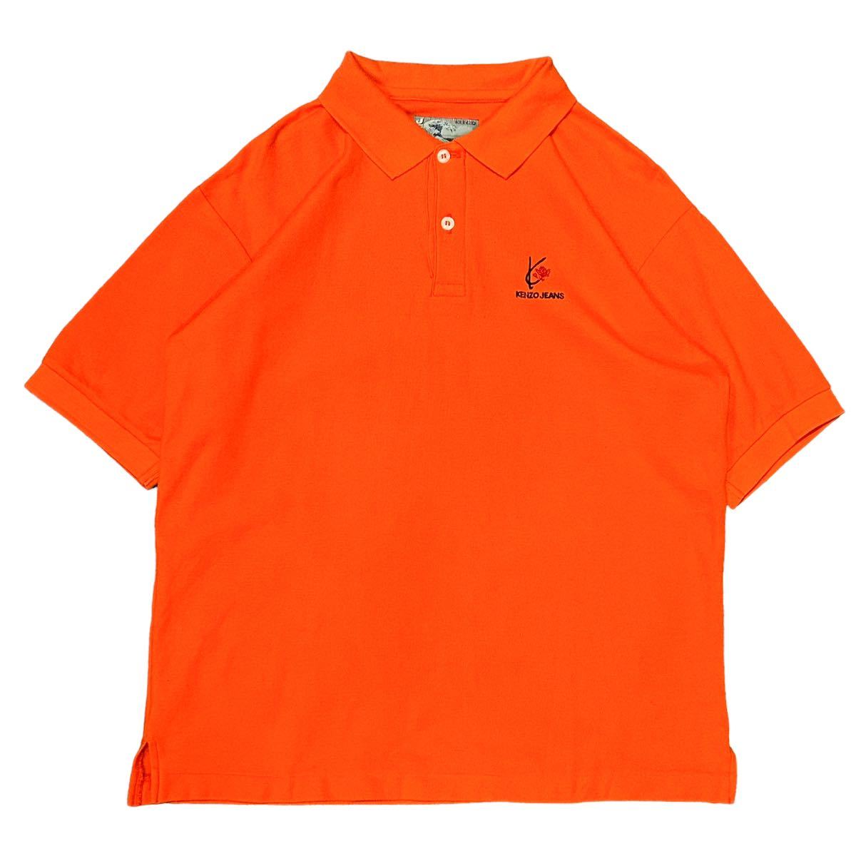 80’s〜 KENZO JEANS ケンゾージーンズ ビンテージ ポロシャツ Mサイズ オレンジ 北斎タグ ロゴ 刺繍 鹿子 花 ショート丈 90年代 80年代拍卖
