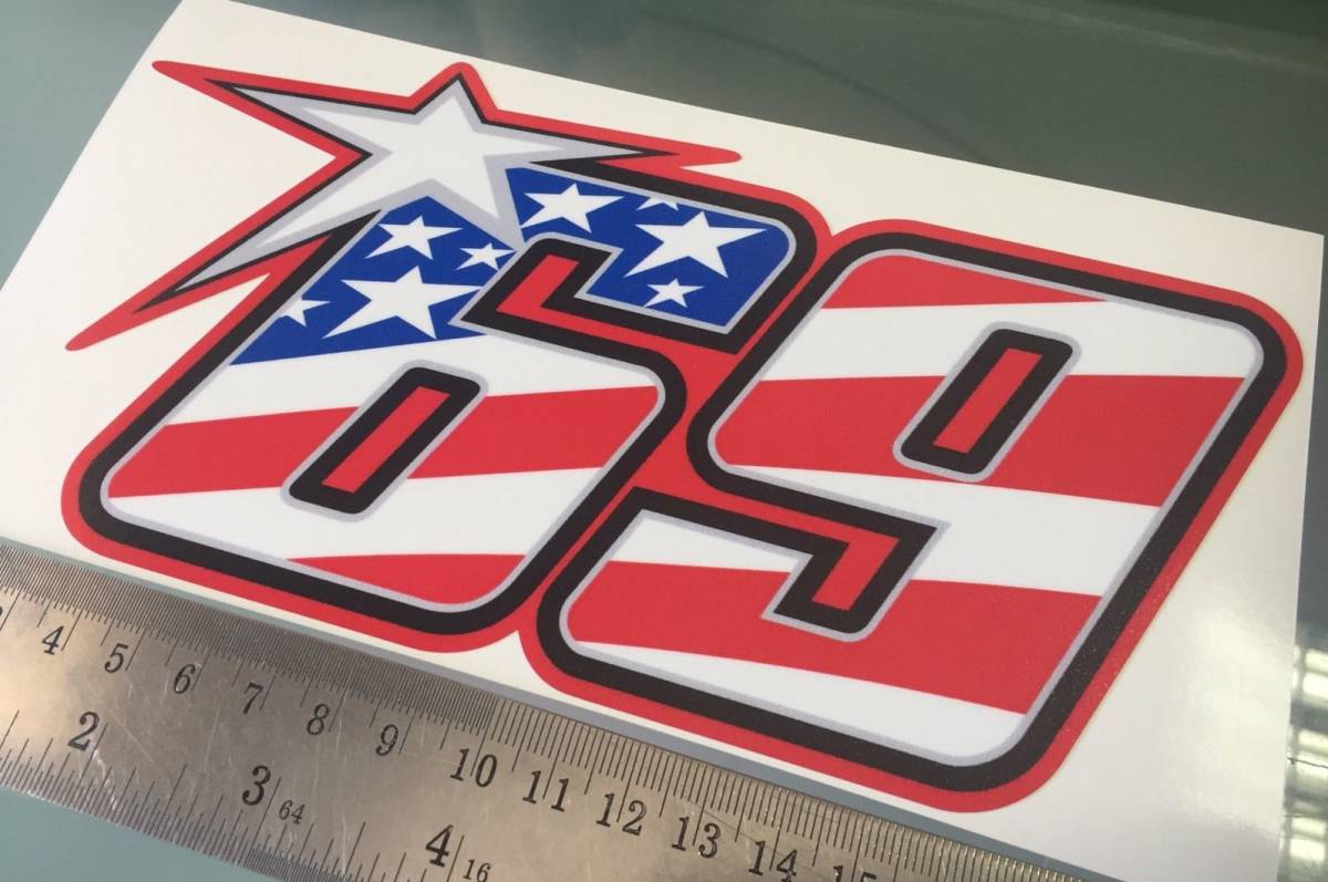 送料無料 Nicky HAYDEN Number 69 Sticker Decal ヘルメット ステッカー シール デカール 200mm x 100mm 2枚セット拍卖