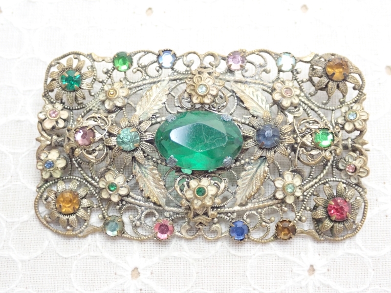 L732 ヴィンテージ ブローチ ラインストーン メタル フラワーデザイン ゴールドカラー アクセサリー Vintage brooch拍卖