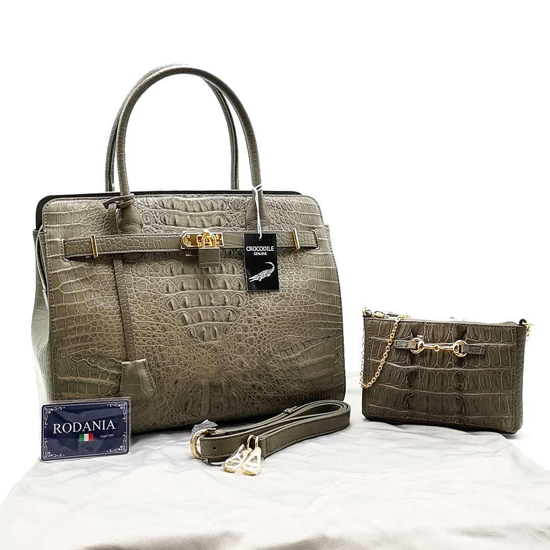送料無料 新品 未使用 ロダニア ハンドバッグ トートバッグ 鞄 2WAY クロコダイル レザー マット加工 カーキ系 レディース拍卖