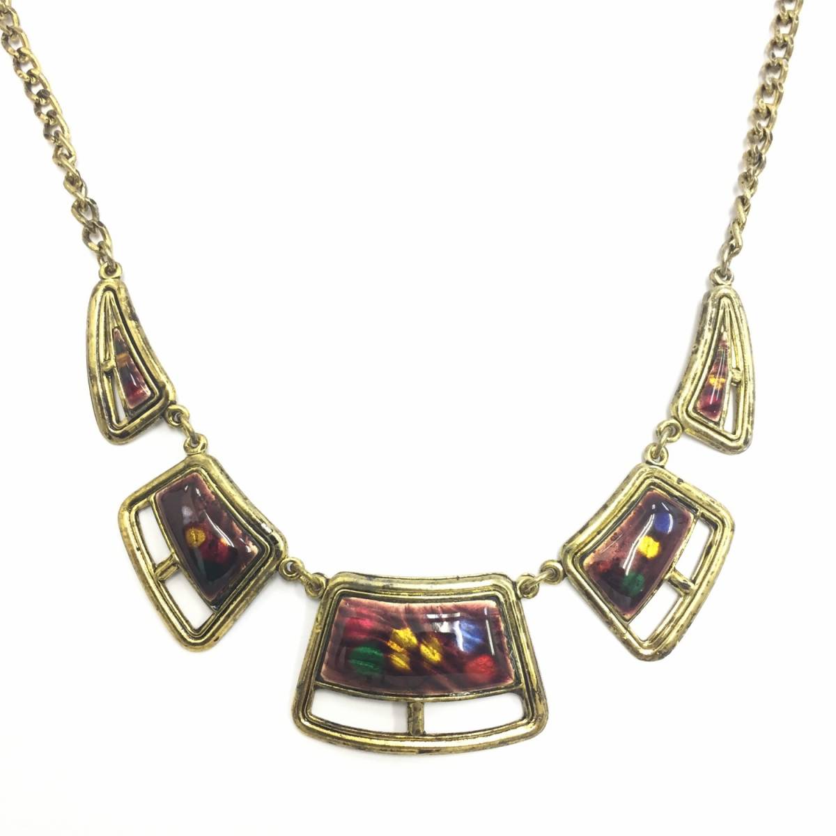 【ネックレス】約40+5cm 七宝のようなカラフルな透明感 赤 青 黄色 緑 金色 アンティーク拍卖
