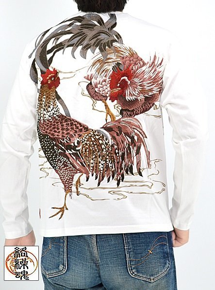 粋「群鶏図-若冲-」浮世絵ロングTシャツ◆絡繰魂 ホワイトMサイズ 233078 和柄 和風 刺繍 ニワトリ 長袖 からくり拍卖