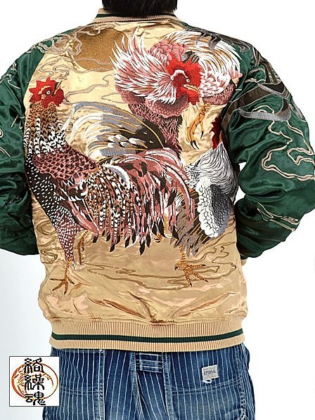 粋「群鶏図-若冲-」浮世絵リバーシブルスカジャン◆絡繰魂 B色Mサイズ 233068 和柄 和風 ニワトリ スーベニアジャケット からくり拍卖