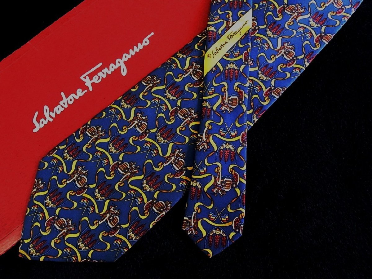♪今週の特売980円~♪1234♪状態並品【Ferragamo】フェラガモ【車 自動車 旗 植物 柄】ネクタイ♪拍卖