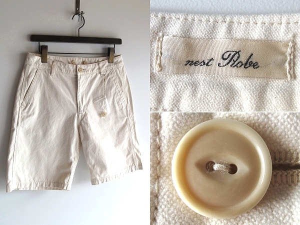 未使用 極美品 nest Robe ネストローブ 猫目ボタン サスペンダー釦付 コットンツイル ショートパンツ ショーツ 2 生成り 日本製拍卖