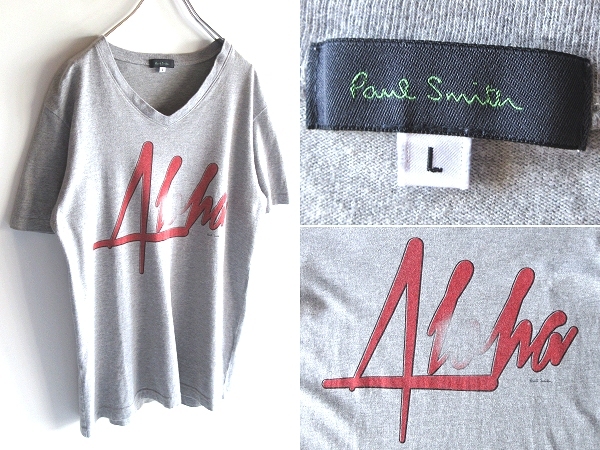 ネコポス対応 Paul Smith ポールスミス 筆記体ロゴプリント 掠れプリント コットン天竺 VネックTシャツ 半袖 カットソー L 杢グレー 日本製拍卖