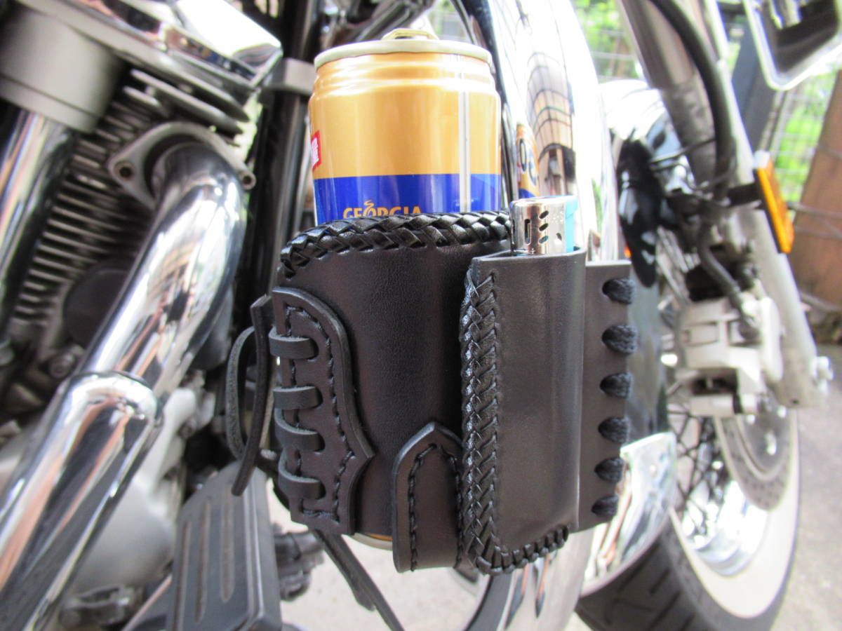 栃木レザー製 サドルレザーブラック 灰皿ホルダー(黒糸) ハーレー アメリカン バイク拍卖