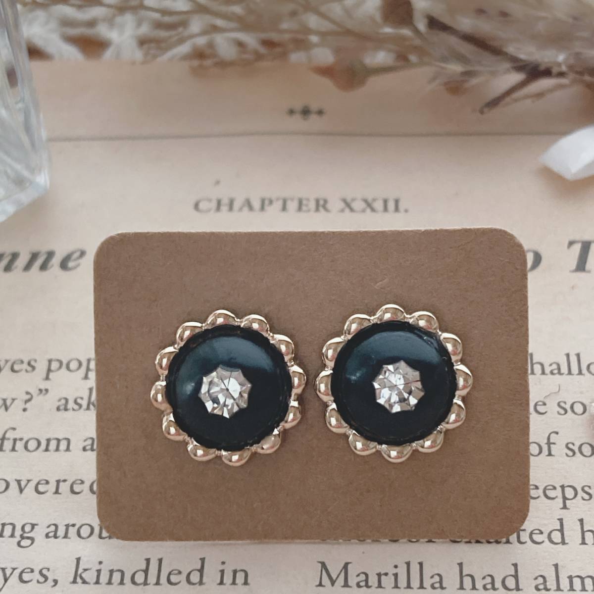 ピアス コンチョボタン ストーン ブラック ゴールド☆vintage jewelry accessories A250拍卖