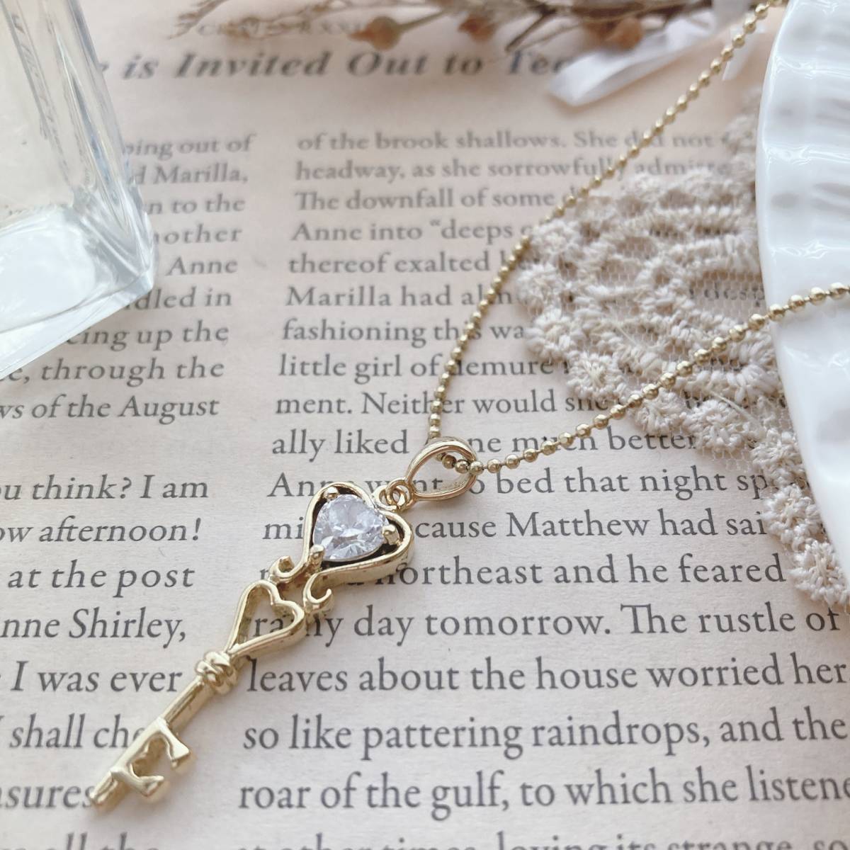 ハートキーネックレス 小さな鍵 ハートストーン ゴールド ボールチェーン 美品☆Vintage jewelry accessories A271拍卖