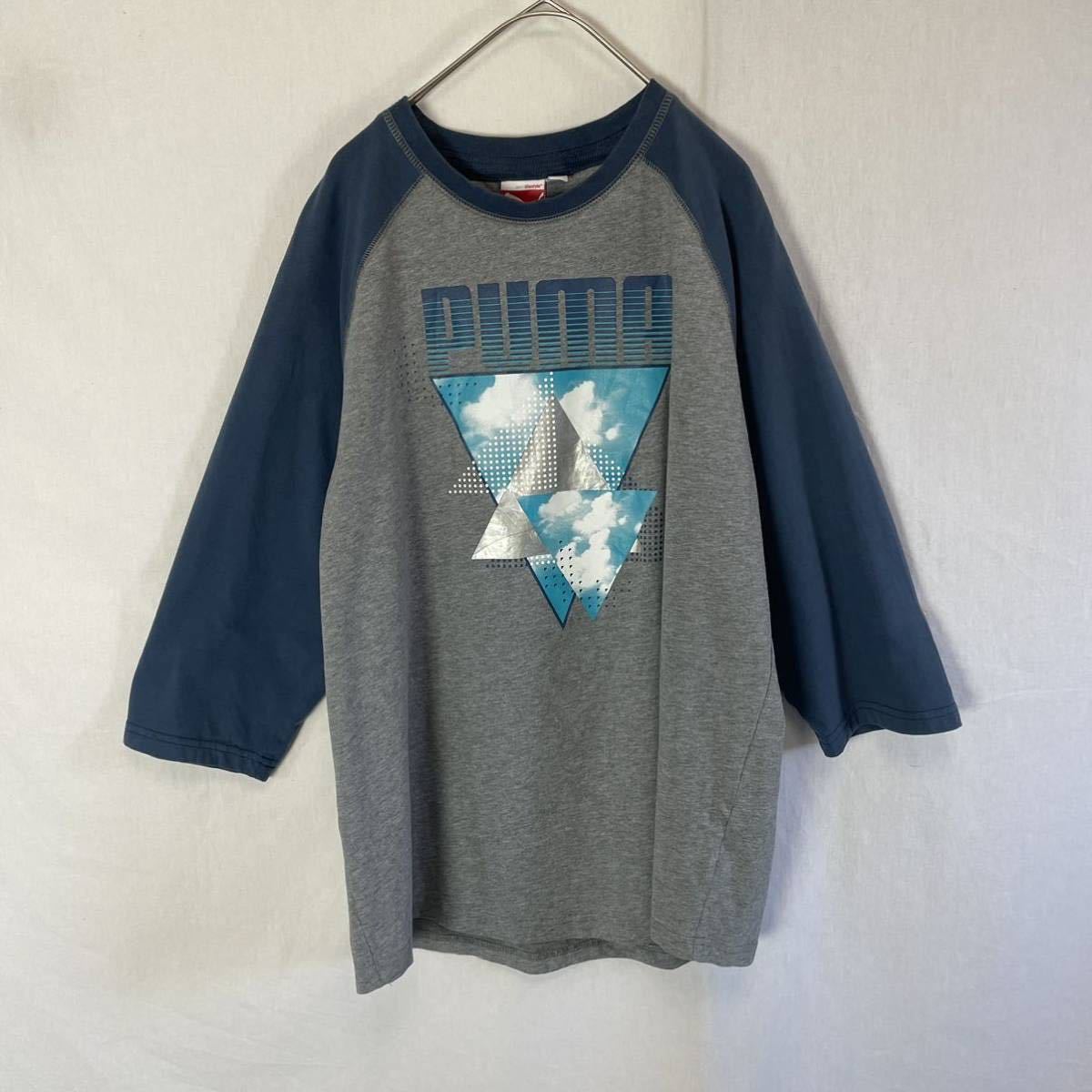 プーマ 七分丈プリントTシャツ 古着 Lサイズ グレー×ネイビー ヴィンテージ クルーネック拍卖