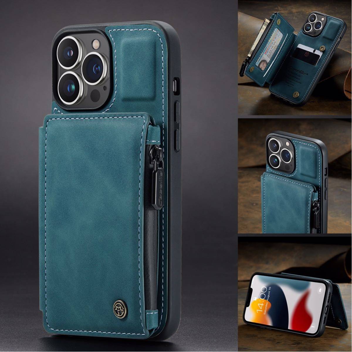 iPhone 13 pro max レザーケース iPhone13 pro max ケース iPhone13 pro max カバー 背面 ファスナーポケット付き カード収納 ブルー拍卖