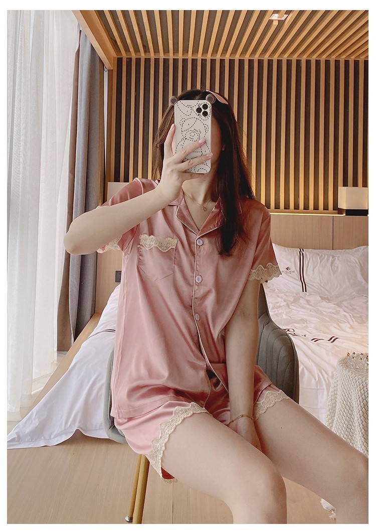 Lサイズ レディース 半袖 サテン 短パン アイスシルク 前開き 可愛い おしゃれ 大きいサイズ ゆったり ルームウェア 部屋着 ピンク 467拍卖