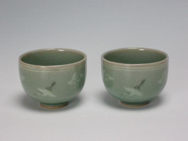人間文化財 柳海剛 高麗青磁象嵌雲鶴文煎茶組湯呑(ぐい呑)拍卖