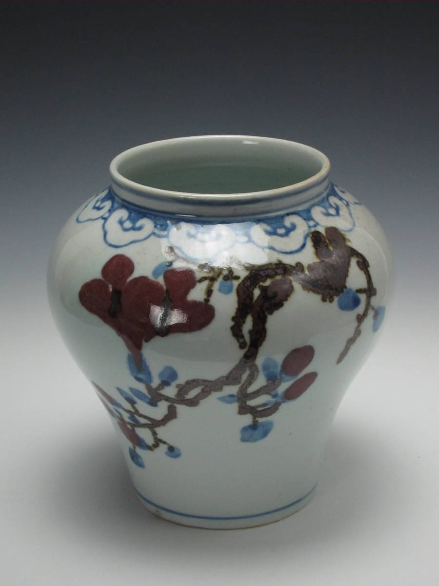 現代李朝陶磁 焚川 安東五 作 鉄絵辰砂槿文壺拍卖