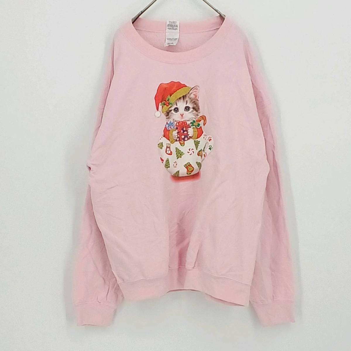 L GILDAN ピンク トレーナー スウェット 裏起毛 ネコ サンタ 長袖 リユース ultramto sw0203拍卖
