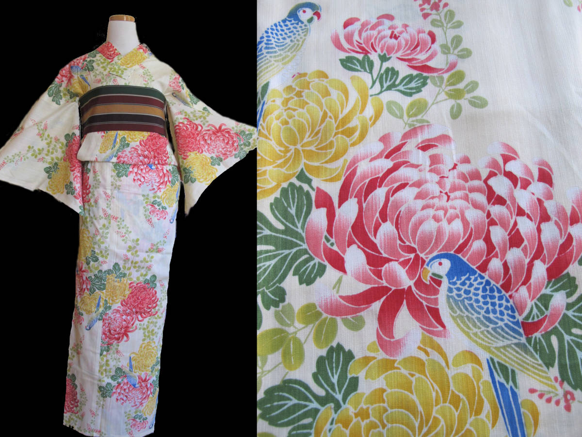 カラフル オウムに大輪菊 鳥 浴衣 鸚鵡 レターパック可拍卖