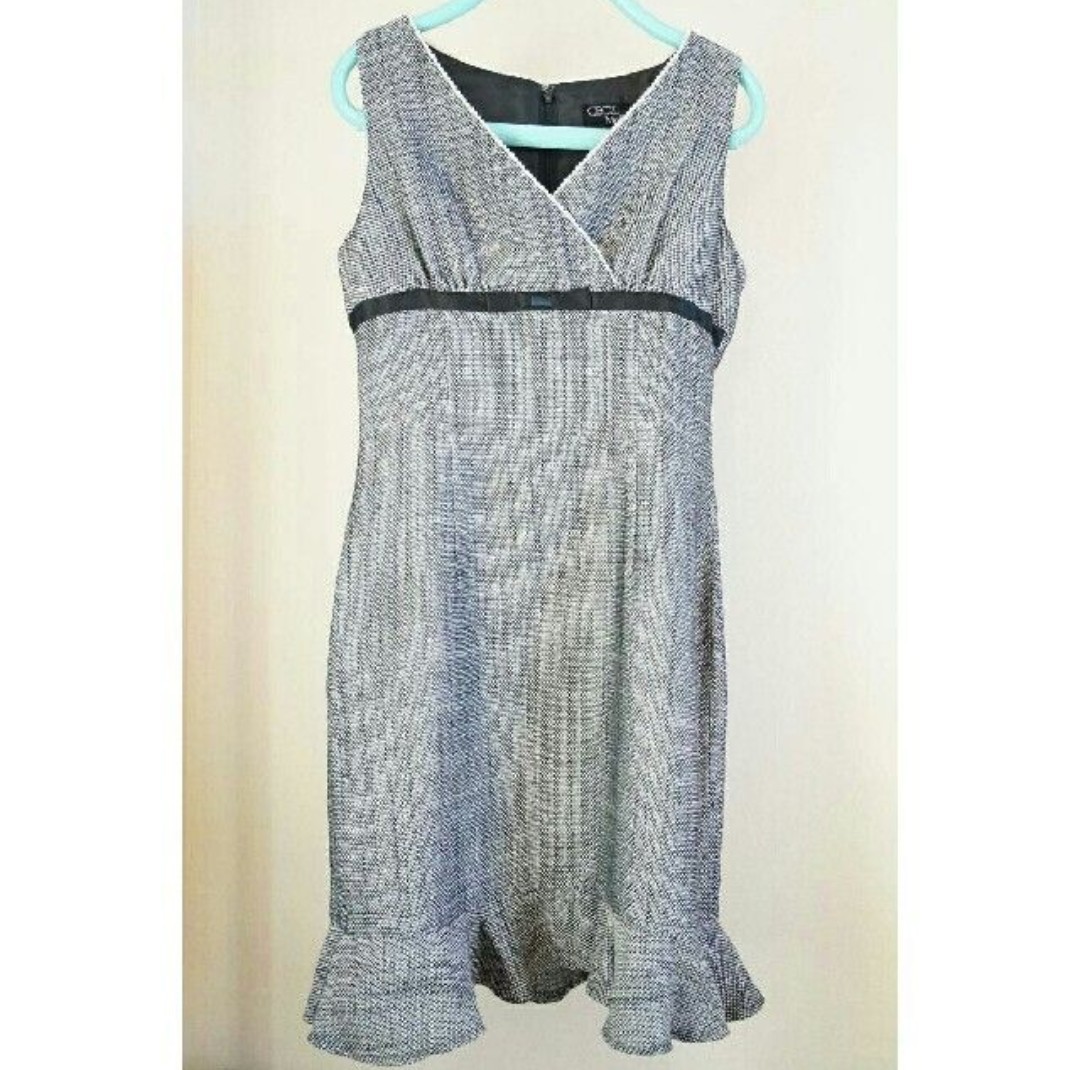 日本製 良品 セシルマクビー CECIL McBEE ツイード ワンピース 膝丈 9号 M サイズ相当 ノースリーブ パール白黒 モノトーン マーメイド拍卖