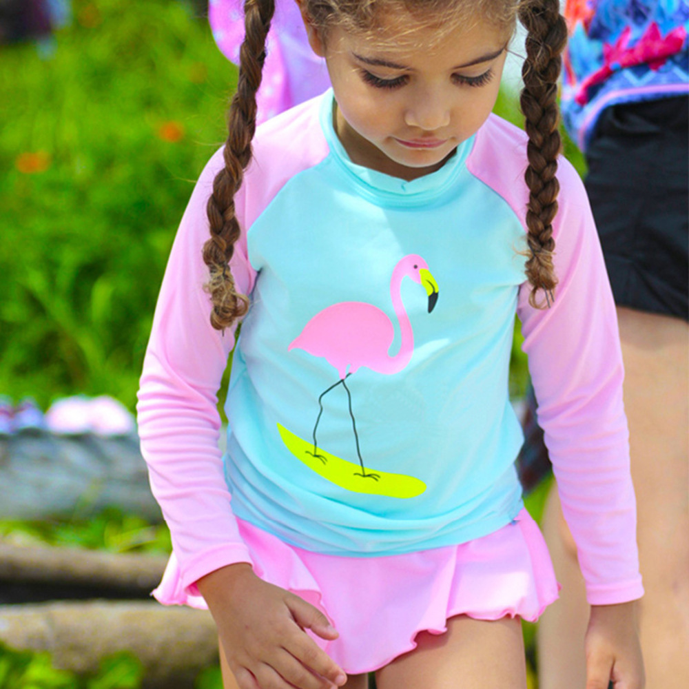 ☆ ピンク×バード(B) ☆ XL ☆ キッズ長袖水着セット namizugik777 水着 女の子 セパレート 2点セット 上下セット 上下拍卖