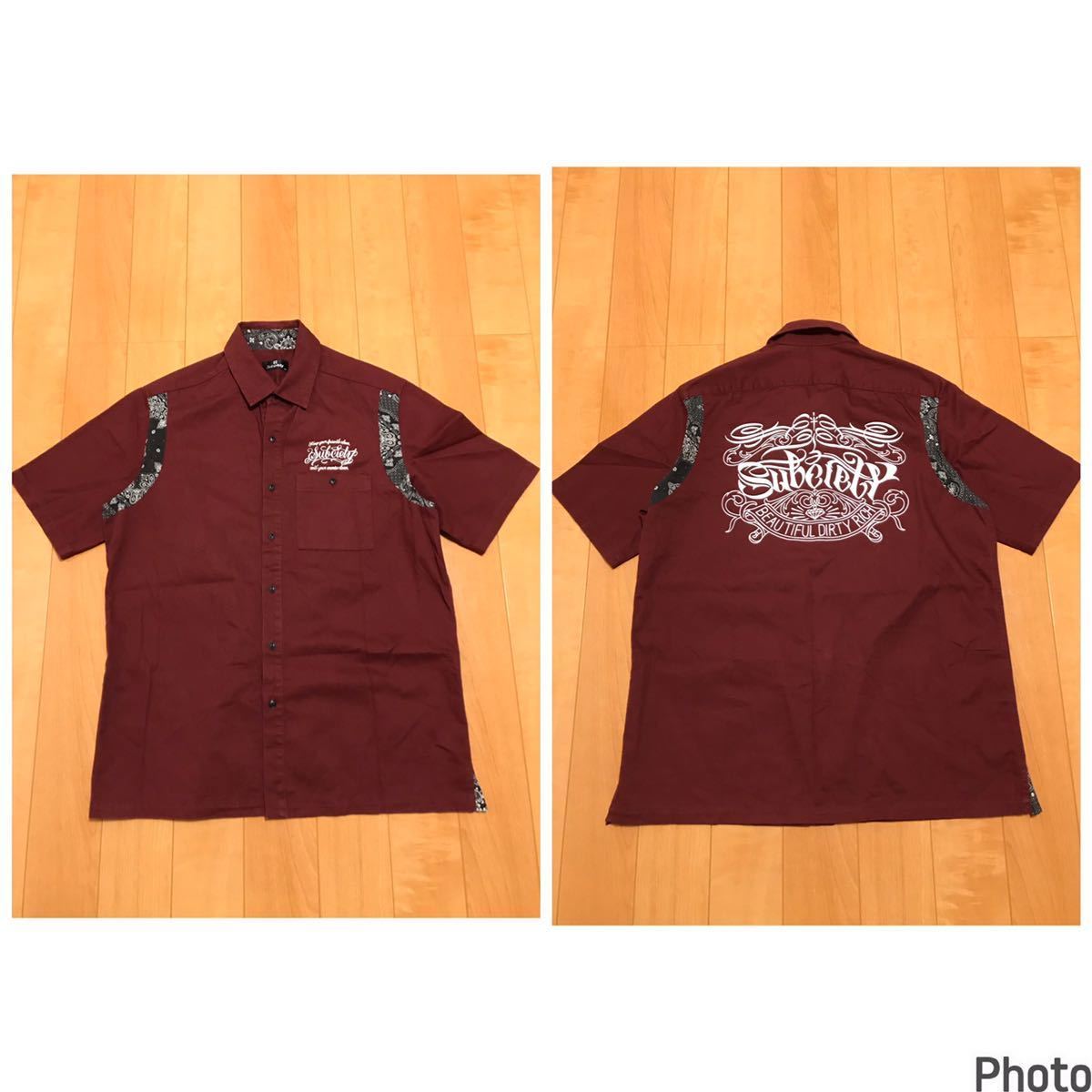 美品☆Subciety/サブサエティ メンズサイズXL 半袖ワーク調.ボーリングシャツ・背面BIGロゴ入&ペイズリー柄切替 猫目ボタン ボルドー色!拍卖
