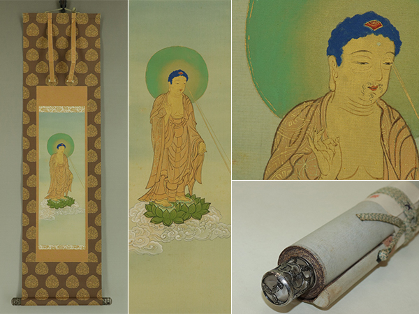 名品【肉筆】仏画【阿弥陀像】◆絹本◆水晶銀透かし軸先◆合箱◆二重箱◆掛軸 t06048拍卖