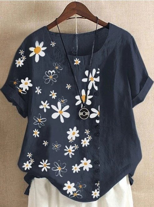 ZPT517☆★新品 カジュアル 綺麗の小花柄綿麻 チュニックゆったり大きいサイズ 普段着半袖ブラウスシャツ かわいい ネイビー拍卖