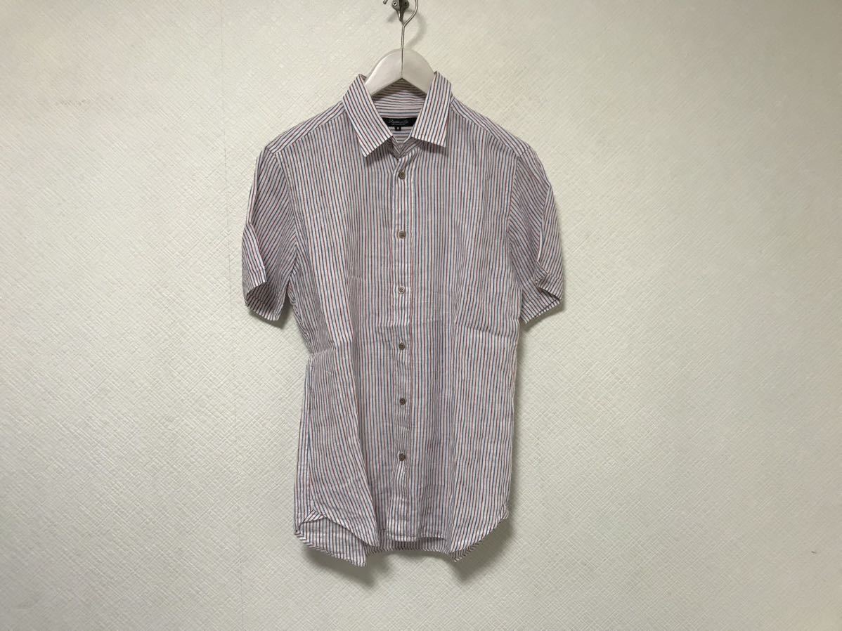 美品本物ユナイテッドアローズUNITEDARROWSリネン麻ストライプ柄半袖シャツメンズサーフアメカジミリタリーワークビジネススーツM白拍卖