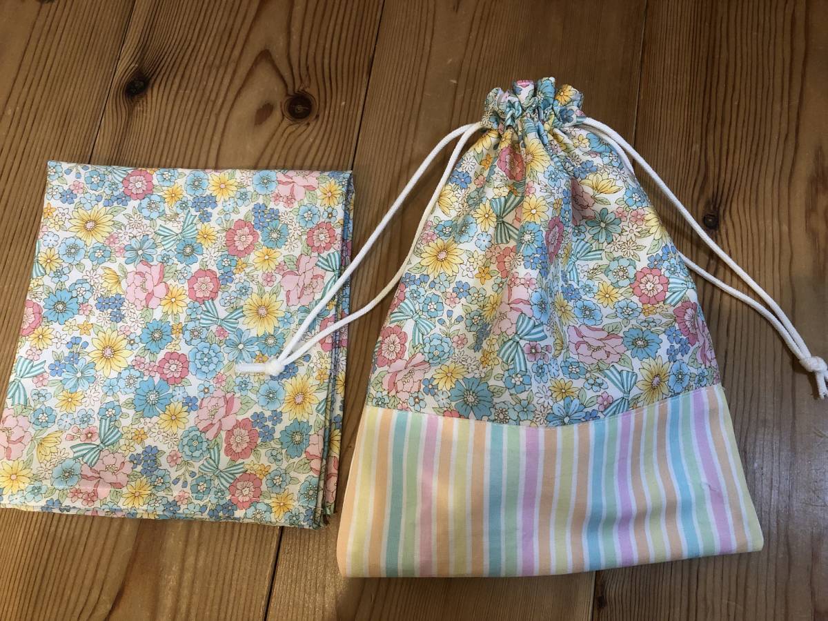 花&リボン(ルウ゛ァンフルール) グリーン① 給食袋&ナフキン ハンドメイド拍卖