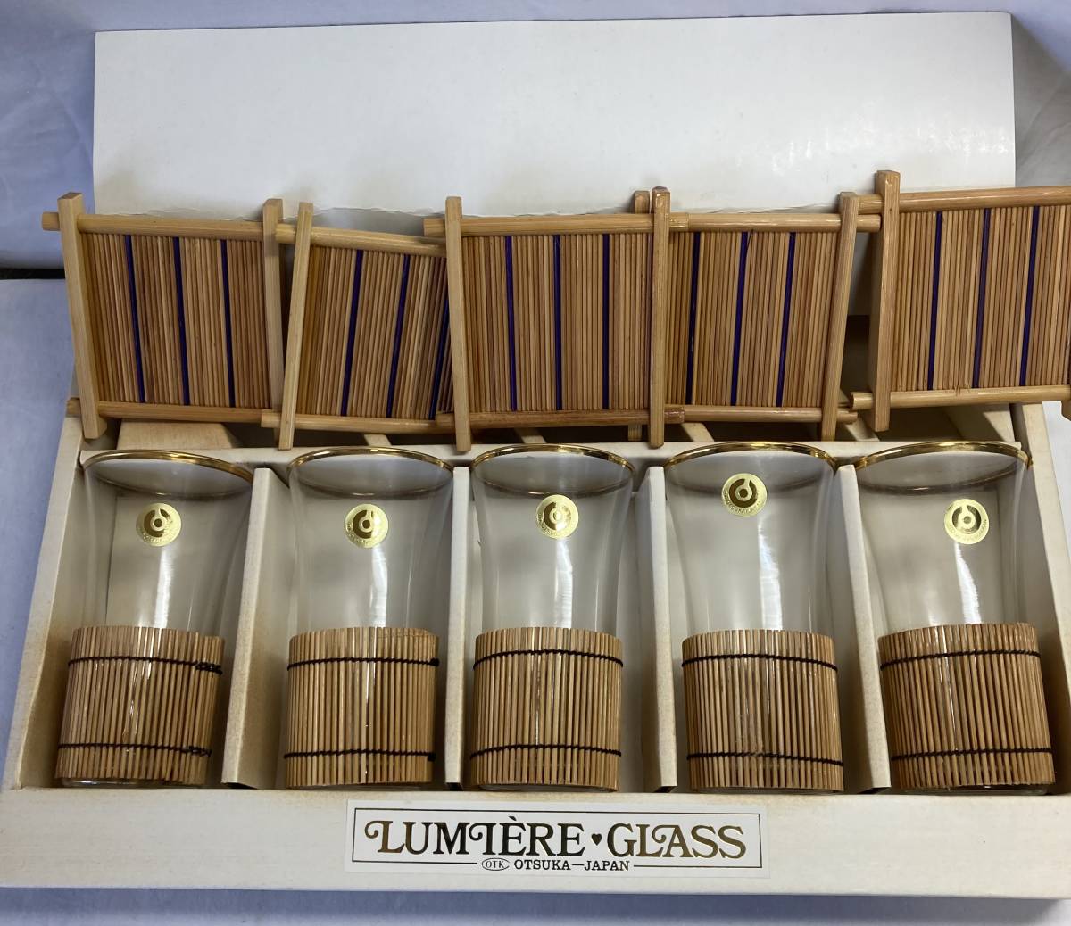 未使用 OTSUKA GLASS ガラスコップ(金縁) 竹製コースター 5客セット 元箱入り 1233拍卖